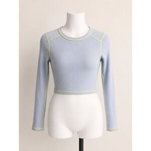 Wild Fable Ribbed Fitted Long Sleeve Top Blue Lime Green Stitching Size Small